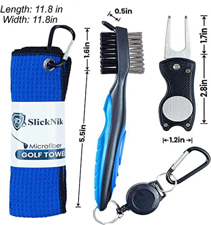Golf Towel Pack - 3 Microfiber Waffle Pattern Golf Towels Including Golf Club Brush and Groove Cleaner Divot Repair Tool - color: Blue