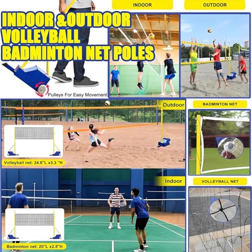 volleyball Badminton Net Frame Poles,Volleyball/Badminton Pole&Nets Package For Backyard, Volleyball Poles With Stable Base,Heavy Duty Badminton Volleyball Pole-Adjustable Height 5-6.9ft/1.55-2.1m