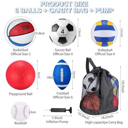Realspring 6 Pcs Kids Sport Ball Set Includes Official Size Soccer, Basketball, Football, Volleyball, Playground Ball, Baseball with Bag & Pump Back to School Gift for Teens Outdoor Sport Play
