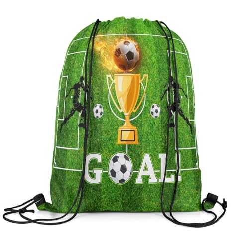 Castle Fairy Football Trophy Drawstring Bags,Modern Sports Game Drawstring Backpack for Gym Lover,Abstract Soccer Field Large Capacity Sackpack - color: Green Golden