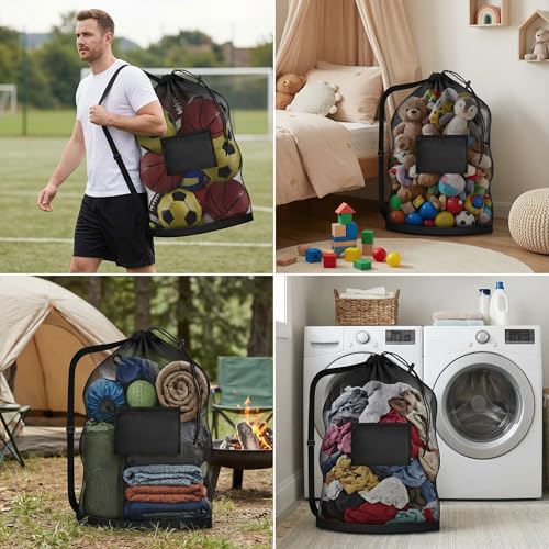 Extra Large Soccer Ball Bag，40x30 Inch Extra Large Mesh Equipment Sack for Coaches, Storage Bag for Basketball, Volleyball, Gym Equipment, Swimming Gear - color: Black+Black (With Pocket)