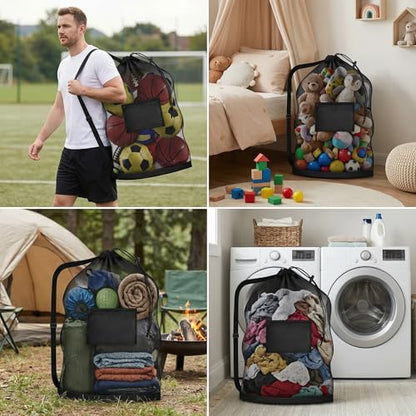 Extra Large Soccer Ball Bag，40x30 Inch Extra Large Mesh Equipment Sack for Coaches, Storage Bag for Basketball, Volleyball, Gym Equipment, Swimming Gear - color: Black+Black (With Pocket)