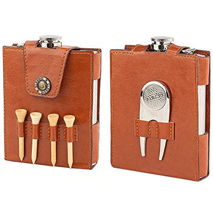 Golf Flask Gift Set - 7oz Flask With Leather Case - Golf Accessories for Men and Women - Includes Divot Tool, Tees and Ball Marker