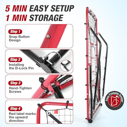 WARMOUNTS Baseball Rebounder Net, 4 x 4.5 FT Pitch back with 4 Adjustable Angles & 2 Strike Zones, Pitching & Fielding Trainer for Softball bounce back, Heavy-Duty Baseball Rebounder for Youth & Adult