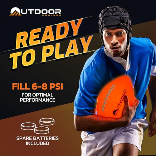 Outdoor Cruiser Light Up Football - Waterproof Rubber Construction, Glow in the Dark, Glows Up to 30 Hrs with Tap Activation, Complete Set with Pump & Spare Batteries, Official Size 6, for Ages 8-15