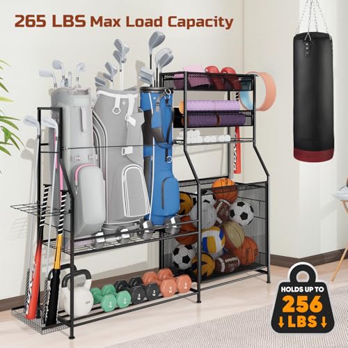 Garage Sports Equipment Organizer, 3 Golf Bag Organizer Stand Heavy-Duty Ball Storage Rack with Basket and Hooks, Ball Storage Cart for Toy Sports Gear Storage, Black