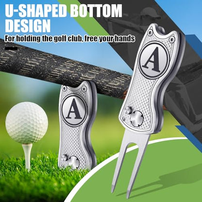 Golf Divot Repair Tool with Letter Custom Monogrammed Initial Ball Marker Divot Tool New Year Golf Gifts Foldable Metal with Magnetic Putt Alignment for Men Father Golfer - color: Silver, style: Letter A