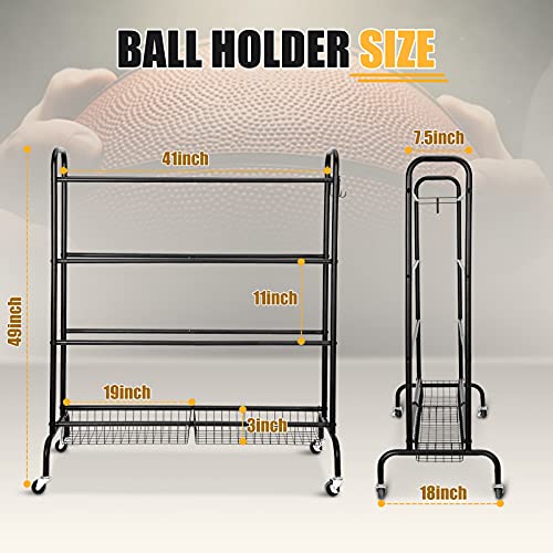 FHXZH Ball Storage Garage, Basketball Racks, Ball Holder, Rolling Sports Equipment Storage Cart with Baskets and Hooks, Garage Sports Equipment Organizer with Wheels