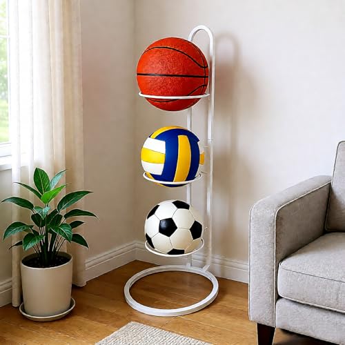 Ball Storage Rack, White Metal, 3-Tier Vertical Organizer for Basketball, Soccer, Volleyball, Sports Equipment Holder (3-Tier) - size: 3-Tier