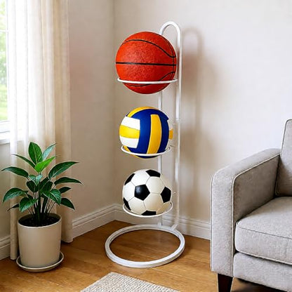 Ball Storage Rack, White Metal, 3-Tier Vertical Organizer for Basketball, Soccer, Volleyball, Sports Equipment Holder (3-Tier) - size: 3-Tier