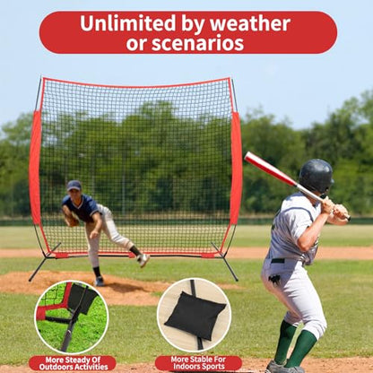 7x7/16x10/20x10ft Backstop Net, Ball Stop Net with Handbag,Fix Sports Net Barrier by 4 Spike&2 Sandbag,Sports Practice Barrier Net for Baseball,Softball,Lacrosse Train,Backstop Net for Backyard - style: 7X7ft red