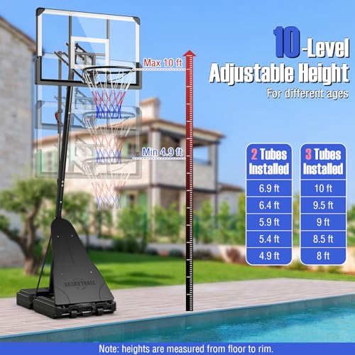 Giantex Portable Basketball Hoop Outdoor - 4.9-10 FT Quickly Height Adjustable Basketball Goal System w/ 44 Inch Shatterproof Backboard, Basketball Hoop Indoor for Adults, Backyard, Driveway, Pool