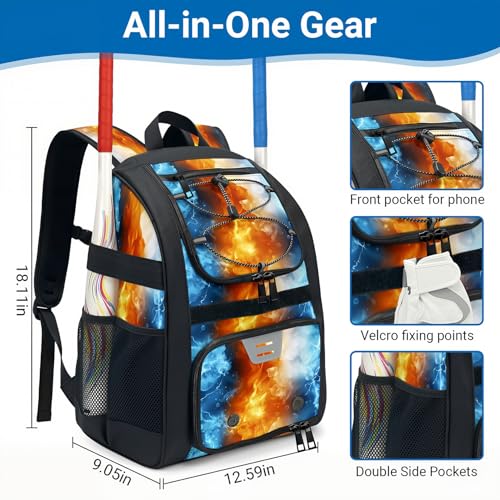 Youth Baseball Bag - Softball Bag for Girls & Boys with Shoes Compartment, Bat Backpack for Baseball, T-Ball & Softball Equipment - color: Lighting-Yellow Blue