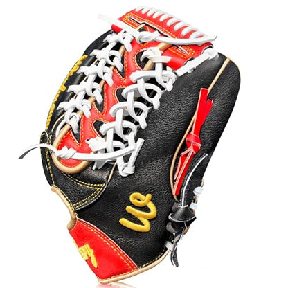 Full Grain Leather Baseball Softball Glove Adult Youth Infield Outfield - color: Red Black, size: 12.75 Inch