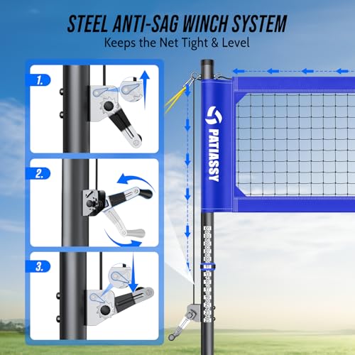 Professional Heavy Duty Volleyball Net Set for Backyard & Beach, Outdoor Net System with Steel Anti-Sag Winch, 32FT Reinforced Net, Height Adjustable Rust-Resistant Aluminum Poles, Portable Carry Bag