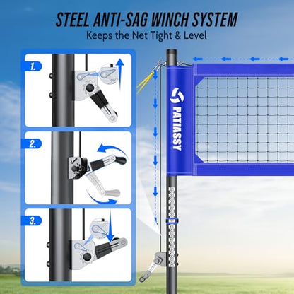 Professional Heavy Duty Volleyball Net Set for Backyard & Beach, Outdoor Net System with Steel Anti-Sag Winch, 32FT Reinforced Net, Height Adjustable Rust-Resistant Aluminum Poles, Portable Carry Bag