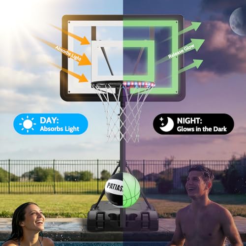 Pool Basketball Hoop – Height Adjustable 57" to 68" Portable Poolside Basketball Hoop with Wheels, Glow-in-Dark Backboard & LED Rim, Glow Ball + Standard Ball, Indoor Outdoor Night Games