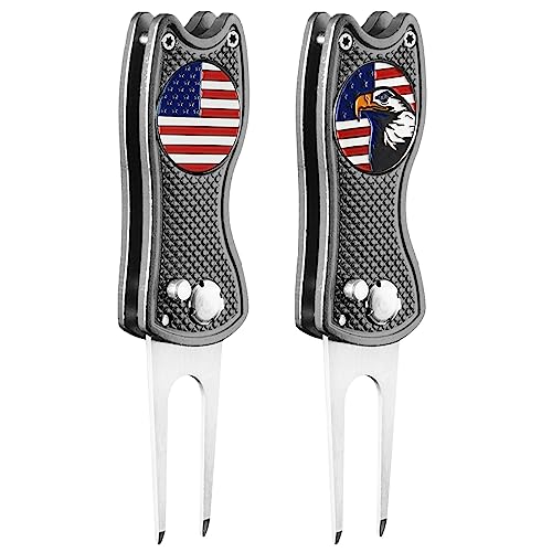 FINGER TEN Golf Divot Repair Tool and Ball Marker Switchblade Value Pack, Foldable Magnetic Stainless Steel with Pop-up Button for Men Women - color: Gray