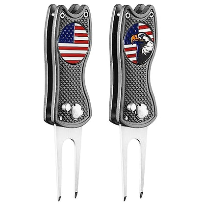 FINGER TEN Golf Divot Repair Tool and Ball Marker Switchblade Value Pack, Foldable Magnetic Stainless Steel with Pop-up Button for Men Women - color: Gray
