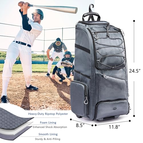 Large Rolling Baseball Catchers Gear Bag with Wheels, Softball Bag with Hard Backing for 4 Bats,Equipment Bag with Separate Shoe & Helmet Compartments, Youth Baseball Bag with 360° Spinner Wheels - color: Grey - Style A - Integrated Rolling System, size: