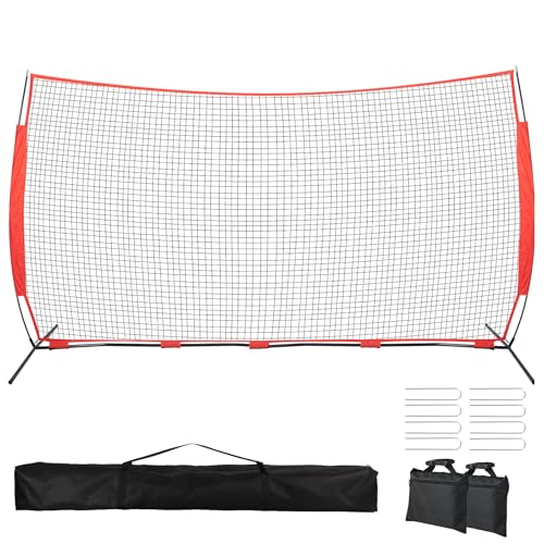 7x7/16x10/20x10ft Backstop Net, Ball Stop Net with Handbag,Fix Sports Net Barrier by 4 Spike&2 Sandbag,Sports Practice Barrier Net for Baseball,Softball,Lacrosse Train,Backstop Net for Backyard - style: 20X10ft red