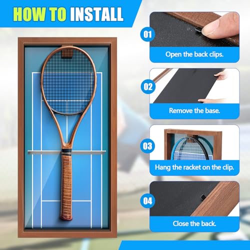 Chunful Wooden Tennis Racket Display Frame Wall Mounted Tennis Racket Storage Rack Display Stand with Walnut Base Copper, 31.5 x 15.8 Inch
