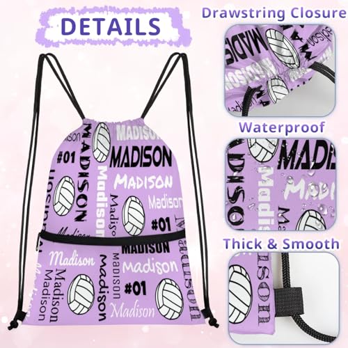 Custom Volleyball Style Drawstring Bag, Personalized Sports Ball Backpack Drawstring Sack Cinch Bags for Team Gift Party Favors, Light Purple - color: Light Pink
