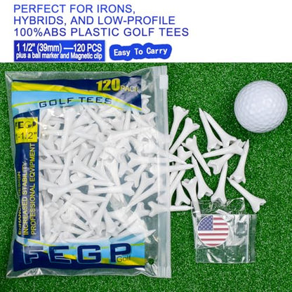 1 1/2'' Plastic Golf Tees,Short Tees 120 Pack-4 Prongs with Low Friction Design for Iron,Par Threes,Hybrids and Driving Range,with High Stability and Low-Friction White Golf Tees 1 1/2 Inch