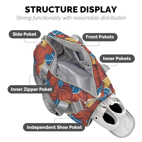 Basketball Pattern Orange Brown Waterproof Duffel Bag Adjustable Shoulder Strap Perform Training Travel Bag for Teens Adults
