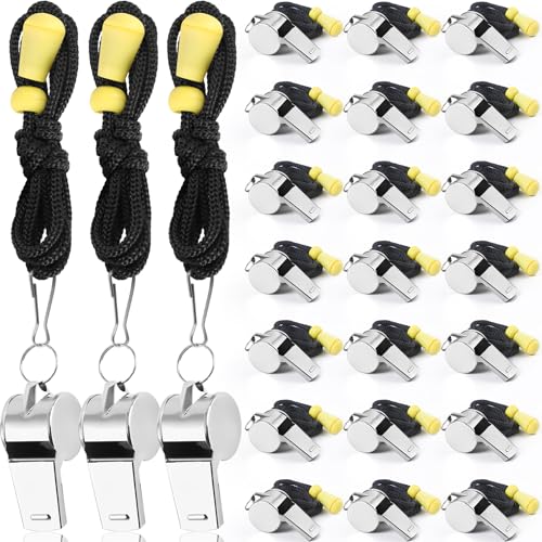 SANNIX 28 Pack Whistle, Coach Whistle with Lanyard Sports Whistles Loud Crisp Sound Whistle for Coaches Referees Training Gyms Emergency - color: Silver