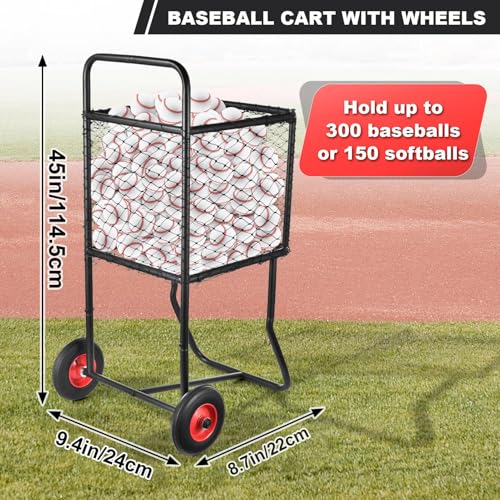 Rolling Baseball Cart with Large Wheels | Heavy Duty Steel Sports Ball Holder | Holds Up to 300 Baseballs Or 150 Softballs | Powder Coated Frame | 22x24x45 Inches Ball Storage for Training Gym School