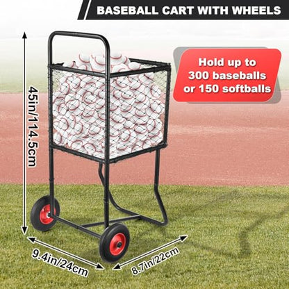 Rolling Baseball Cart with Large Wheels | Heavy Duty Steel Sports Ball Holder | Holds Up to 300 Baseballs Or 150 Softballs | Powder Coated Frame | 22x24x45 Inches Ball Storage for Training Gym School