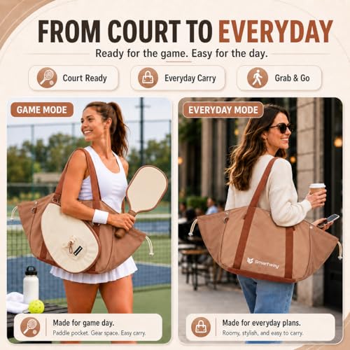 Smartway Pickleball Tote Bag for Women, Stylish Tennis Bag with Detachable Paddle Pocket, Waterproof Large Capacity Court Shoulder Bag for Gym, Daily & Weekend Trips, Men Ideal Pickleball Gifts - color: Brown