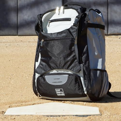 Baseball Backpack with Cleat Pocket | Large Capacity | 19.5" T x 14" W x 7.5" D | Holds 4 Bats | External Helmet Storage - color: Black / Gray
