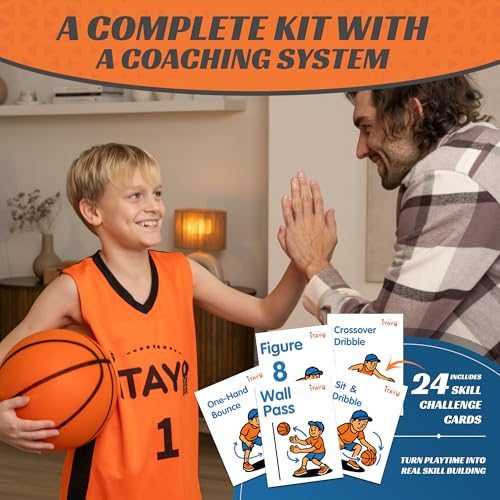Silent Basketball Size 7 (29.5") - Airless High Bounce Indoor Foam Training Kit | Quiet Dribbling Ball for Apartments | Includes 24 Skill Challenge Cards + Stickers