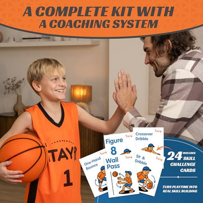 Silent Basketball Size 7 (29.5") - Airless High Bounce Indoor Foam Training Kit | Quiet Dribbling Ball for Apartments | Includes 24 Skill Challenge Cards + Stickers