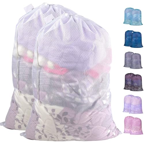 Polecasa Extra Heavy Duty Large Diamond Mesh Laundry Bags with Drawstring Closure & ID Tag, 2Pcs 24 x 36 inches Washable Storage Bag for Hamper, College, Travel, Sports, Dorms, White - color: A-White, size: 24"x36" | 2 Pack