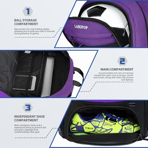 LARIPOP Soccer Backpack with Ball Holder & Shoe Compartment Large Capacity Youth Sports Bag for Training - color: purple