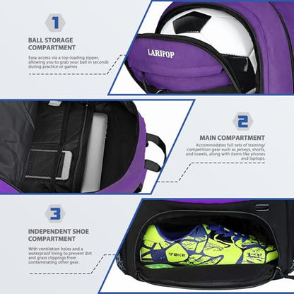 LARIPOP Soccer Backpack with Ball Holder & Shoe Compartment Large Capacity Youth Sports Bag for Training - color: purple