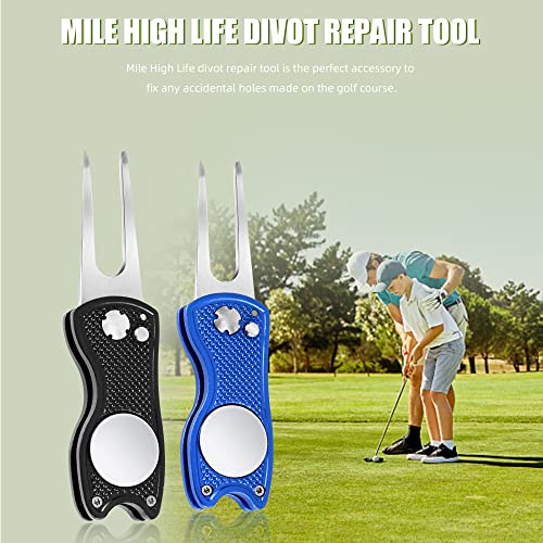 Mile High Life Golf Divot Repair Tool, All Metal Foldable Divot Tool with Pop-up Button & Magnetic Ball Marker, 2-6 Pack - color: Black, Blue