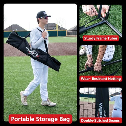 Web Flex® 7x7 ft Portable Baseball & Softball Batting Practice Screen Net, Durable Nylon & Metal Frame, Protective Batting Net for Pitching & Hitting, Easy Setup, Full Coverage with Carry Bag | Black