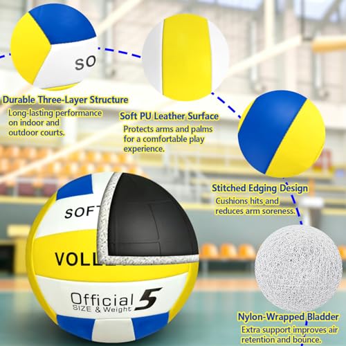 UUBEMM Volleyball Soft Touch Official Size 5 Thick Durable PU Leather Waterproof Indoor Outdoor for Beginners Teens Adults – Beach Pool Gym Training Games with Pump
