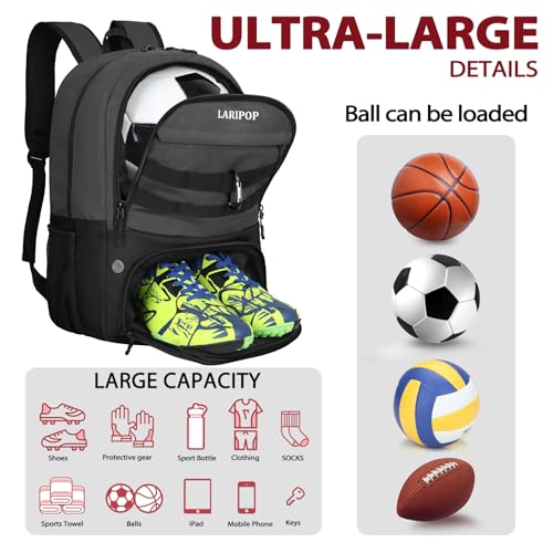 LARIPOP Soccer Backpack with Ball Holder & Shoe Compartment Large Capacity Youth Sports Bag for Training - color: Dark Grey