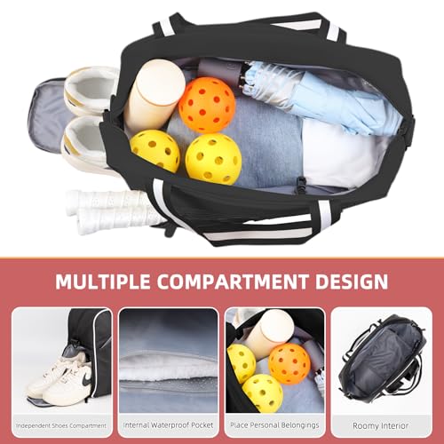Pickleball Bag Pickle Ball Backpack for Women,Pickleball Accessory Tote Sport Equipment Bag Machine Washable with Shoe Compartment,Wet Pocket,Adjustable Shoulder Strap Fence Hook,Great Gift 30L-Black - color: Black