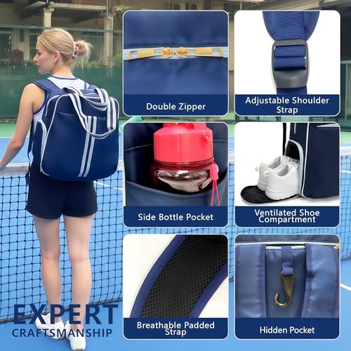 Pickleball Bag for Women Men, Large Pickleball Backpack with Shoe Compartment, Pickle Ball Bag with Paddle Cover Pocket Holds 2 Paddles - color: Navy Blue