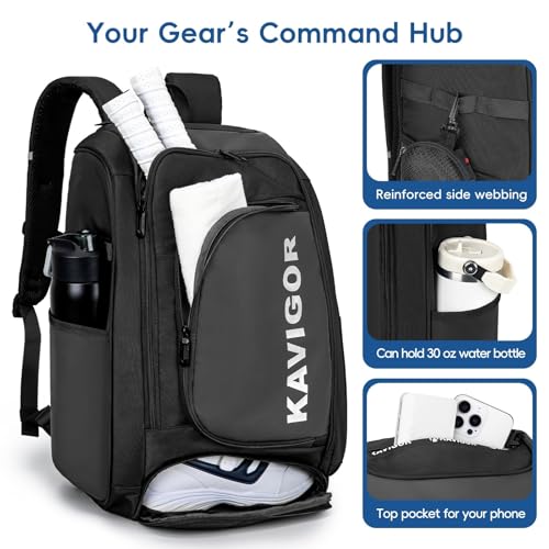 KAVIGOR Pickleball Bag, Large Pickleball Backpack Holds 4 to 6 Paddles, Shoes Compartment & Wet/Dry Pocket (9 Pockets), Charge Port - color: Black