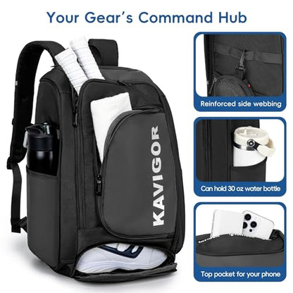 KAVIGOR Pickleball Bag, Large Pickleball Backpack Holds 4 to 6 Paddles, Shoes Compartment & Wet/Dry Pocket (9 Pockets), Charge Port - color: Black