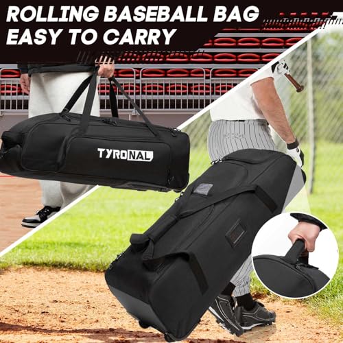 Baseball Bag with Wheels for 4 Bats,Soft Rolling Baseball Bag With Multi-Pockets, Fence Hook, Holds All Baseball Equipment. - color: DK Black