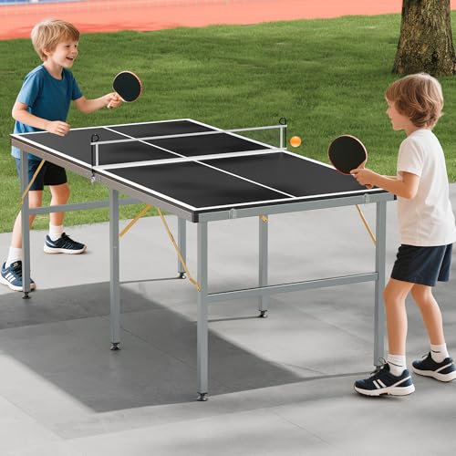 6x3 FT Folding Ping Pong Table, Indoor Outdoor Table Tennis Table with Net, 12mm MDF Portable Table Tennis Set for Home Game Room, Includes 2 Paddles and 3 Balls, Black