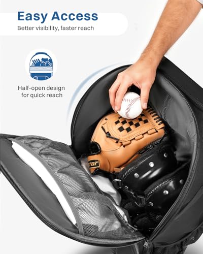 AUROTIER Rolling Baseball Bag with Wheels, Large All-Terrain Wheeled Softball Bag Holds 4 Bats, Water-Resistant Baseball Roller Backpack with Shoe Compartment and Fence Hooks for Players and Coaches - color: Black